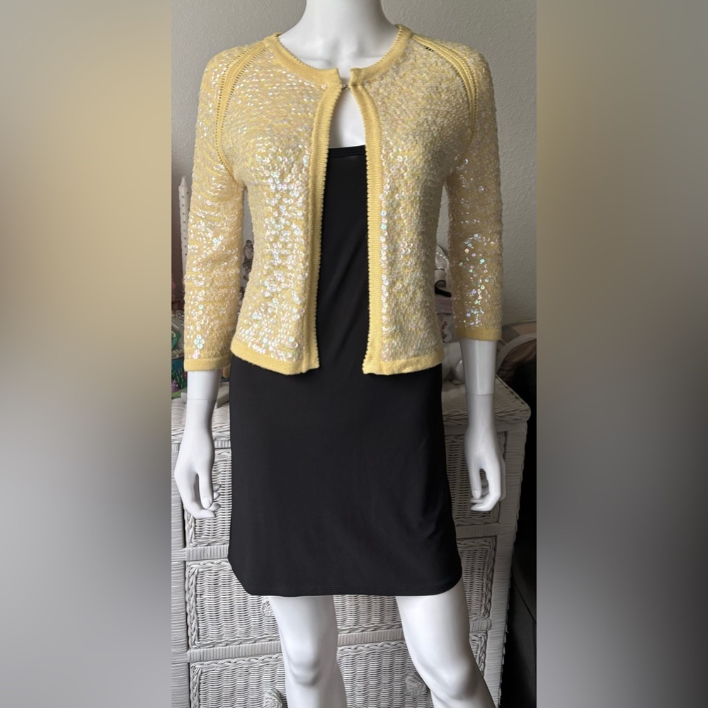 Vintage Rory Beca Sequin Rayon Cardigan Fitted Button Free Canary Yellow Size S